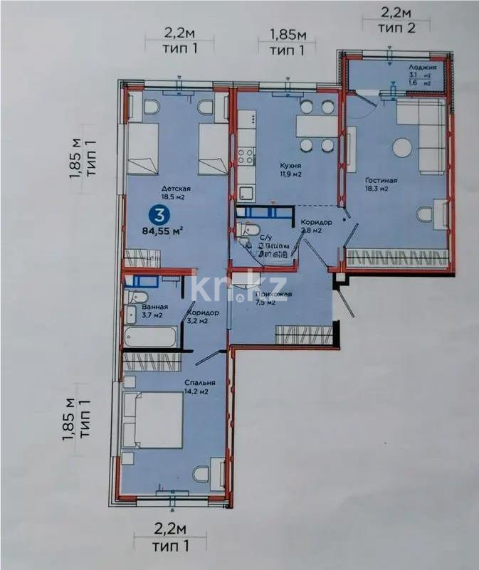 Продажа 3-комнатной квартиры, 84.55 м², ул. Е-103, дом  5а в Астане