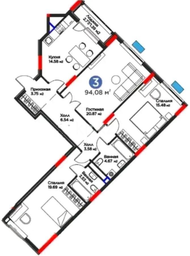 Продажа 3-комнатной квартиры, 94.1 м² в Астане