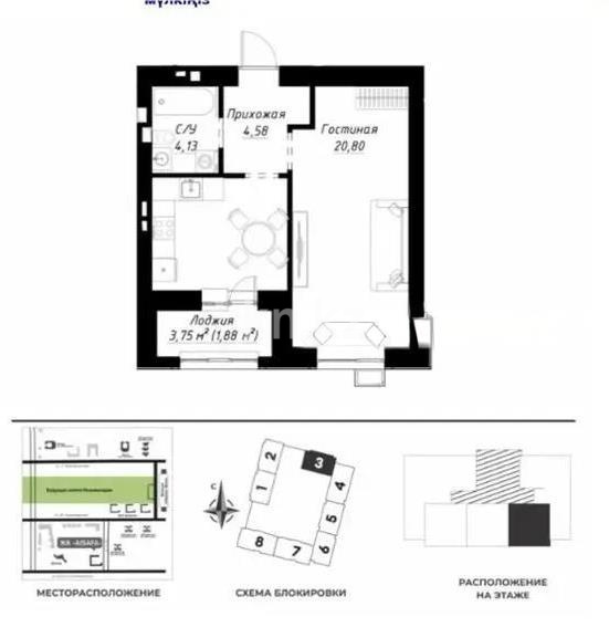 Продажа 1-комнатной квартиры, 42.18 м² в Астане