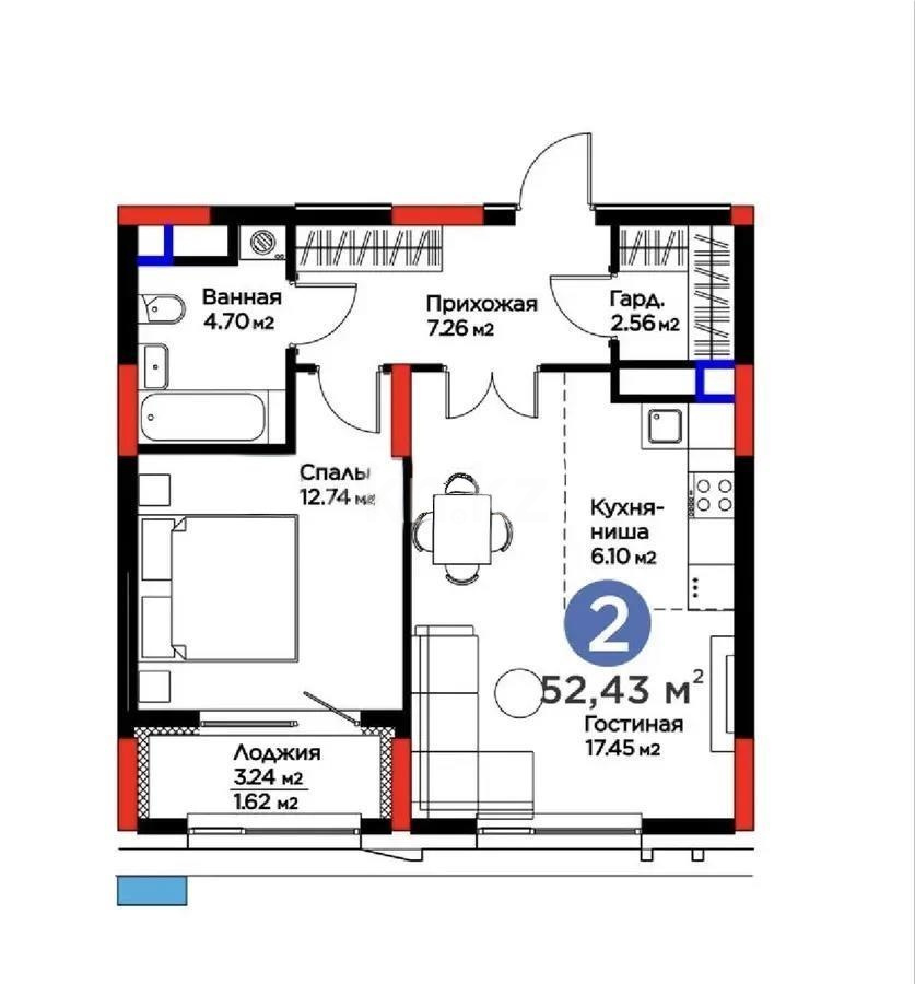 Продажа 2-комнатной квартиры, 52.43 м² в Астане