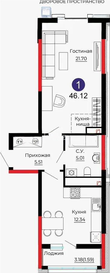 Продажа 2-комнатной квартиры, 46.12 м², ул. Е-429, дом  14 в Астане