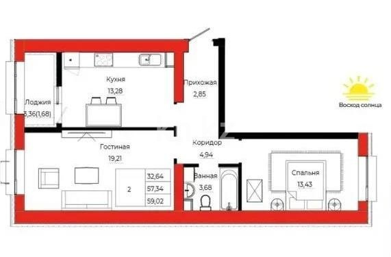 Продажа 2-комнатной квартиры, 59.02 м² в Астане