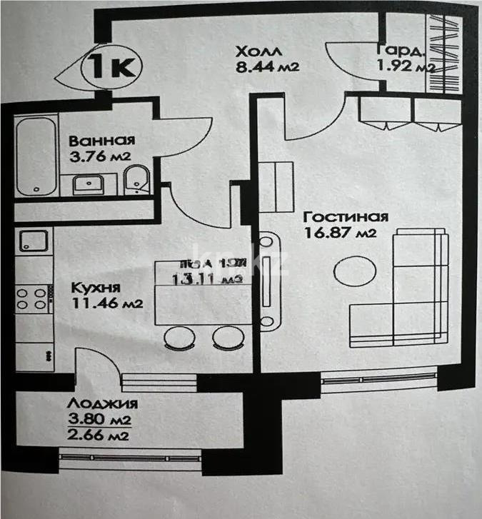 Продажа 1-комнатной квартиры, 45.11 м² в Астане