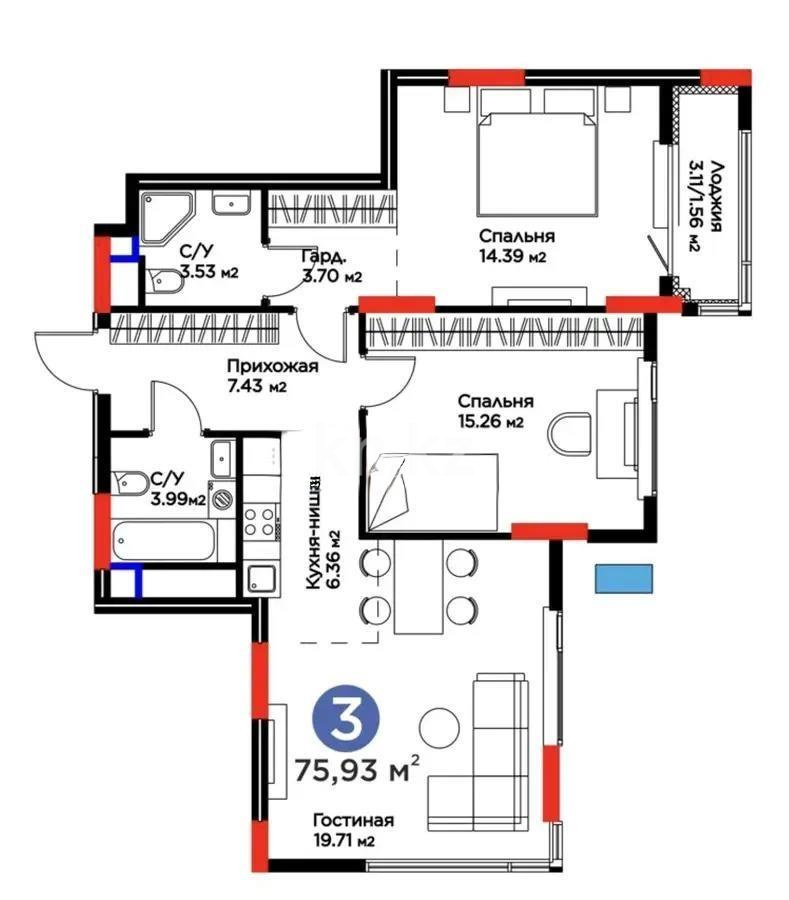 Продажа 3-комнатной квартиры, 75.36 м² в Астане