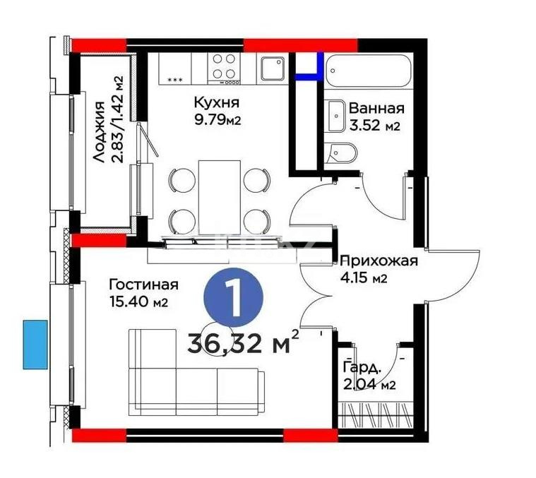 Продажа 1-комнатной квартиры, 36.32 м² в Астане