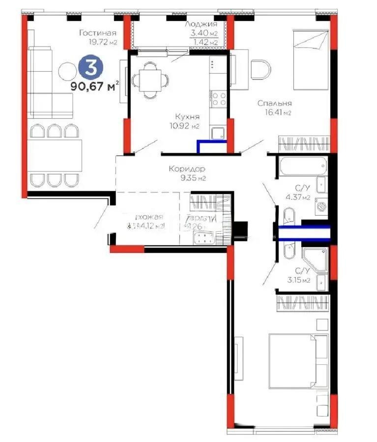Продажа 3-комнатной квартиры, 90.67 м² в Астане