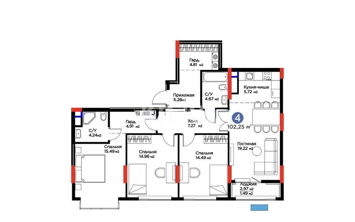 Продажа 4-комнатной квартиры, 102.25 м² в Астане