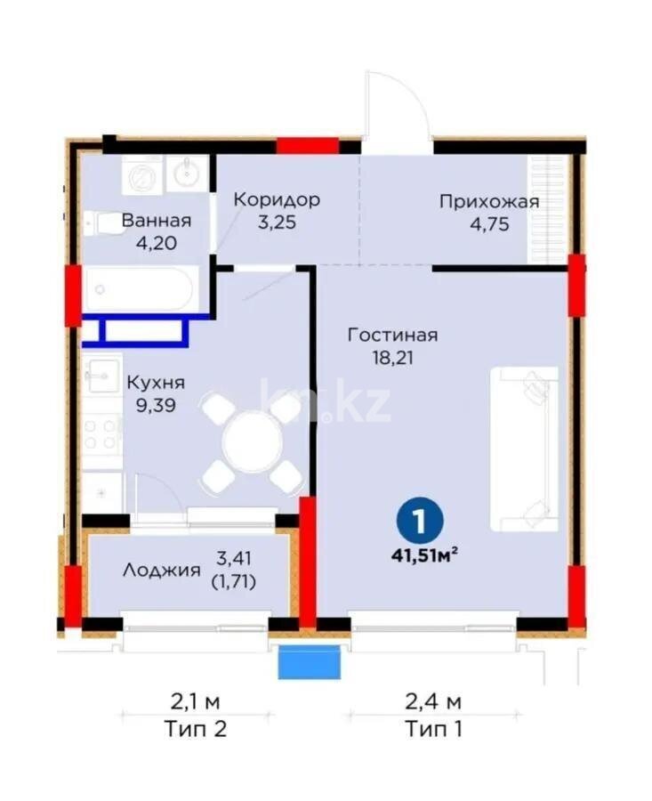 Продажа 1-комнатной квартиры, 41.51 м² в Астане