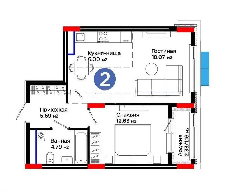 Продажа 2-комнатной квартиры, 48.35 м² в Астане