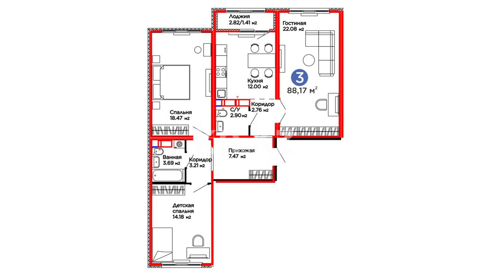 ЖК UIA. DARYN, 3-комнатная, цена 58 782 730 ₸, 661 000 ₸&nbsp;/&nbsp;м²