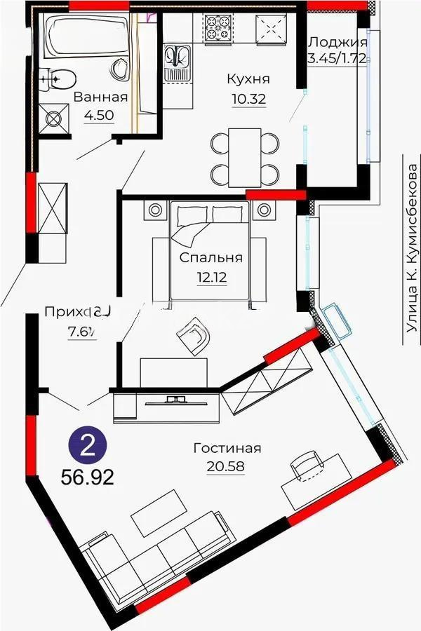Продажа 2-комнатной квартиры, 56.92 м² в Астане