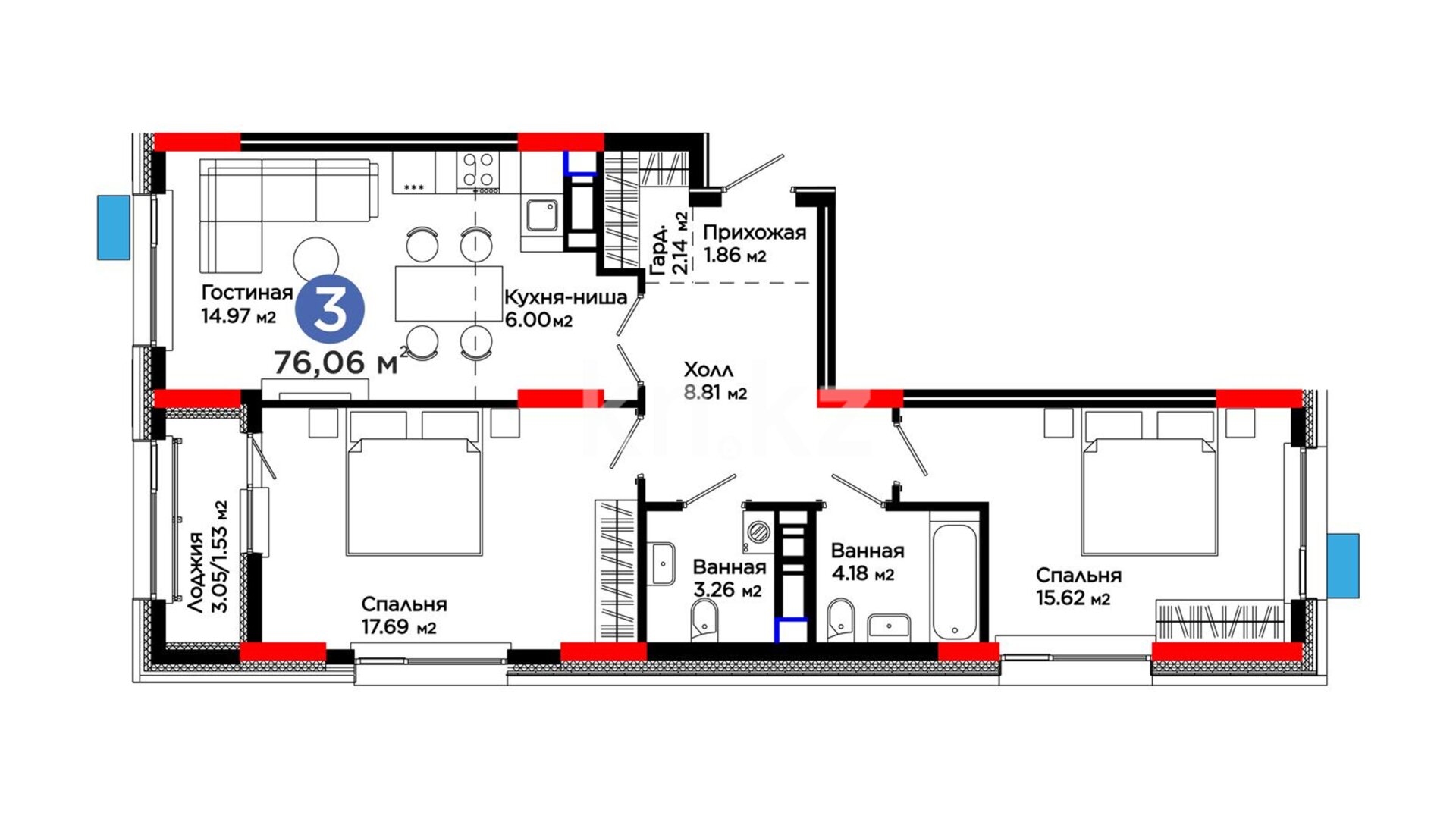 ЖК UIA. DARYN, 3-комнатная, цена 49 058 700 ₸, 645 000 ₸&nbsp;/&nbsp;м²