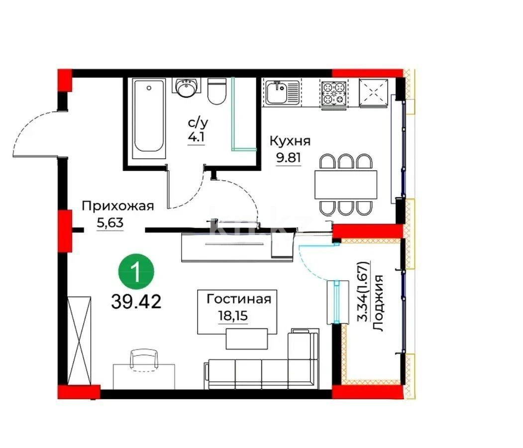 Продажа 1-комнатной квартиры, 39.42 м², ул. Е-429, дом  26 в Астане