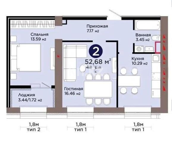 Продажа 2-комнатной квартиры, 52.68 м² в Астане