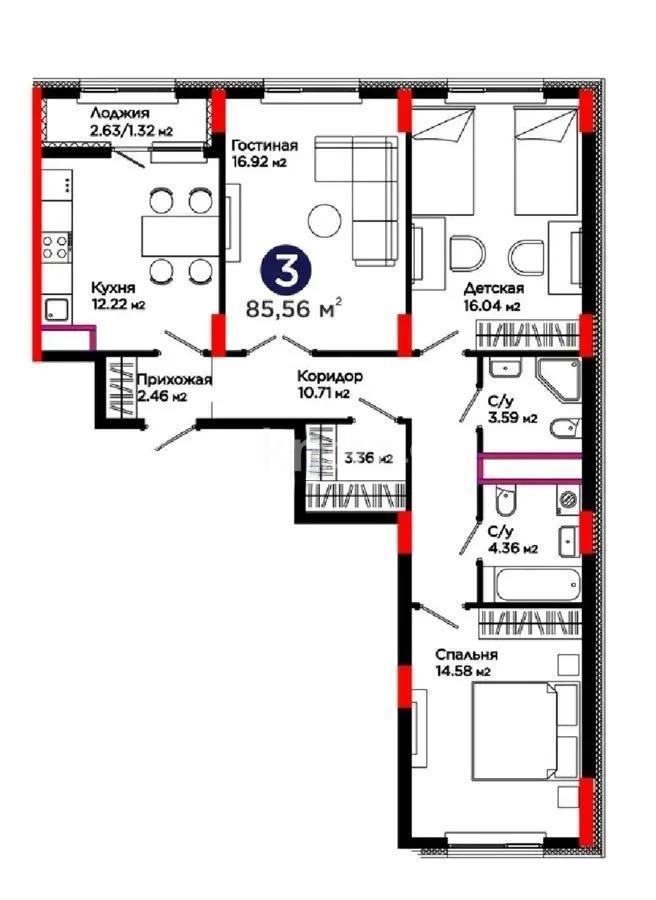 Продажа 3-комнатной квартиры, 85.6 м² в Астане