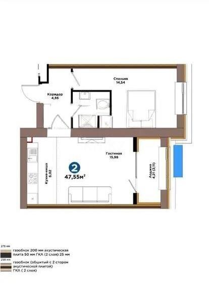 Продажа 2-комнатной квартиры, 48 м² в Астане