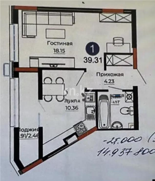 Продажа 1-комнатной квартиры, 39.3 м², ул. Серкебаева, дом  49 в Астане - фото 2