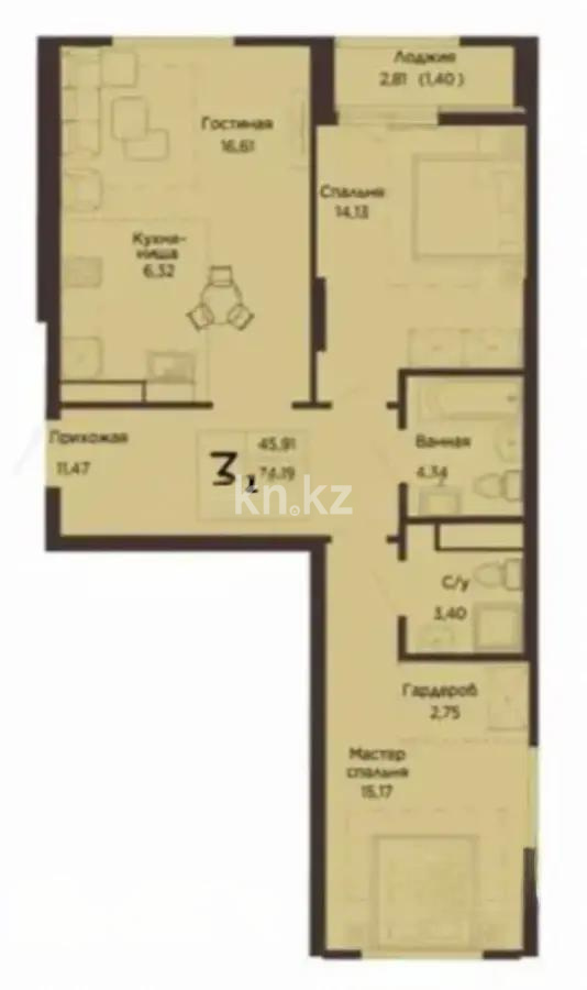 Продажа 3-комнатной квартиры, 75.6 м² в Астане