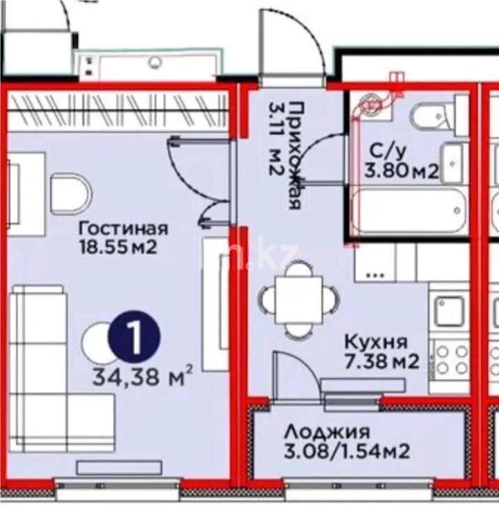 Продажа 1-комнатной квартиры, 34.68 м² в Астане