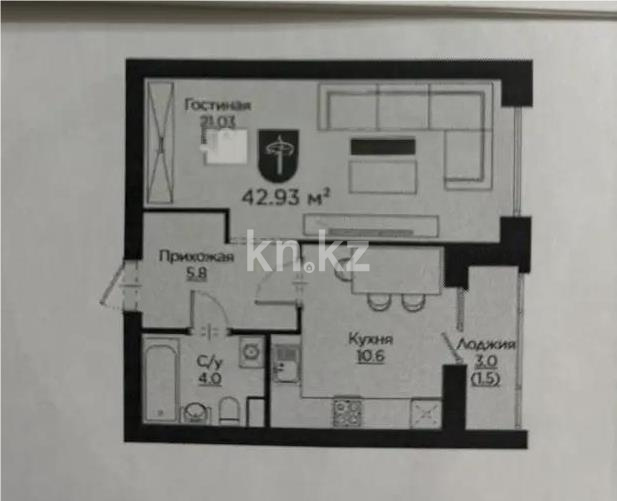 Продажа 1-комнатной квартиры, 42.93 м² в Астане