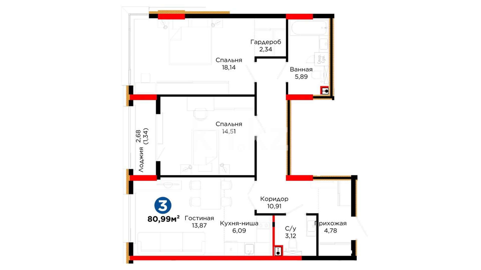 ЖК Alem Sana, 3-комнатная, цена 39 170 813 ₸, 483 650 ₸&nbsp;/&nbsp;м²