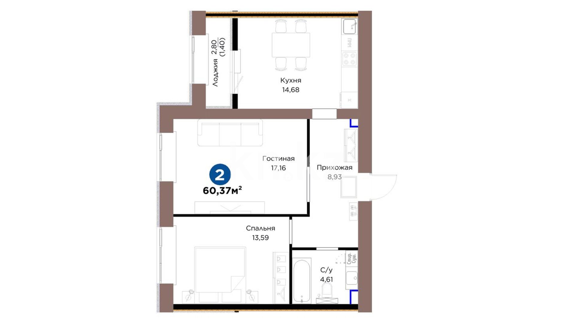 ЖК Tulga, 2-комнатная, цена 46 926 910 ₸, 780 814 ₸&nbsp;/&nbsp;м²