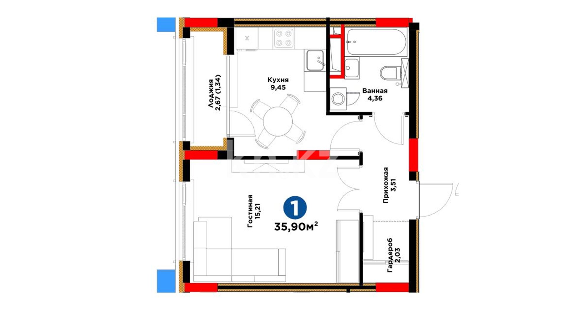 ЖК Bosaga, 1-комнатная, цена 31 396 288 ₸, 874 549 ₸&nbsp;/&nbsp;м²