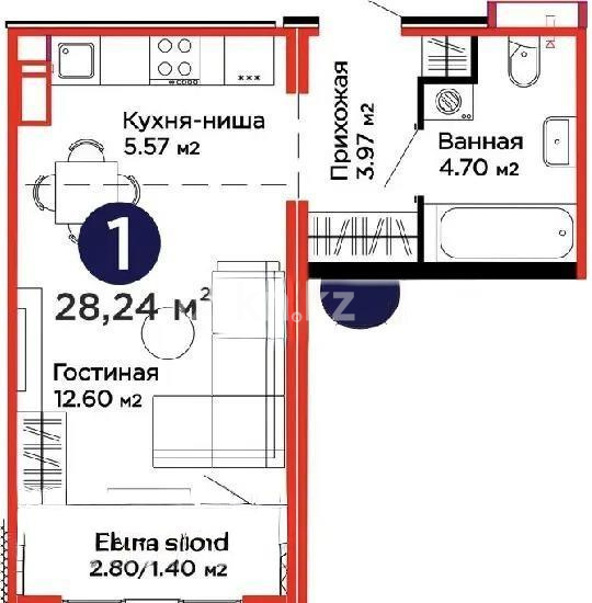 Продажа 1-комнатной квартиры, 28.2 м² в Астане