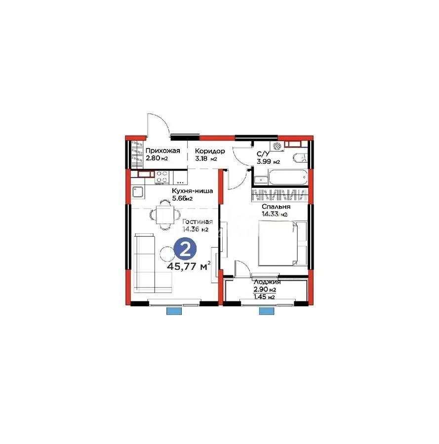 Продажа 2-комнатной квартиры, 45 м² в Алматы