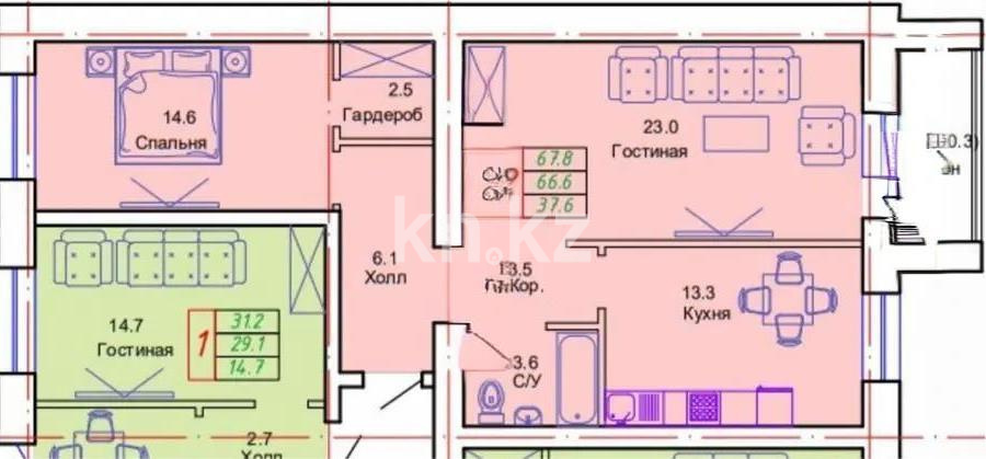 Продажа 2-комнатной квартиры, 67.8 м² в Астане