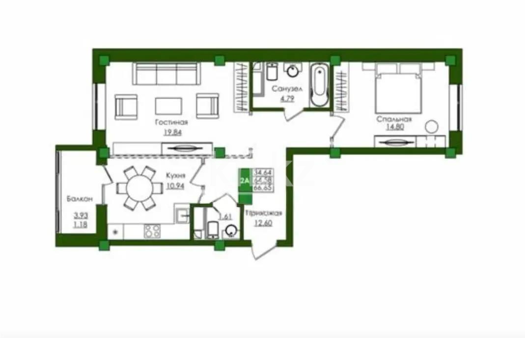 Продажа 2-комнатной квартиры, 69 м² в Астане