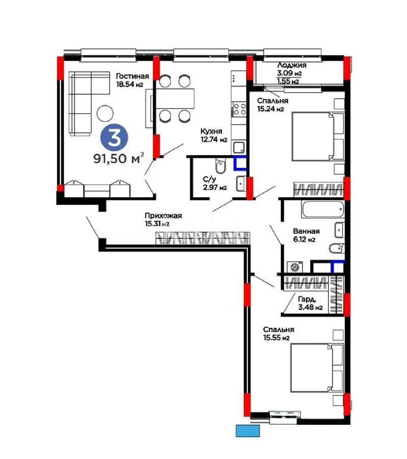 Продажа 3-комнатной квартиры, 91 м² в Караганде