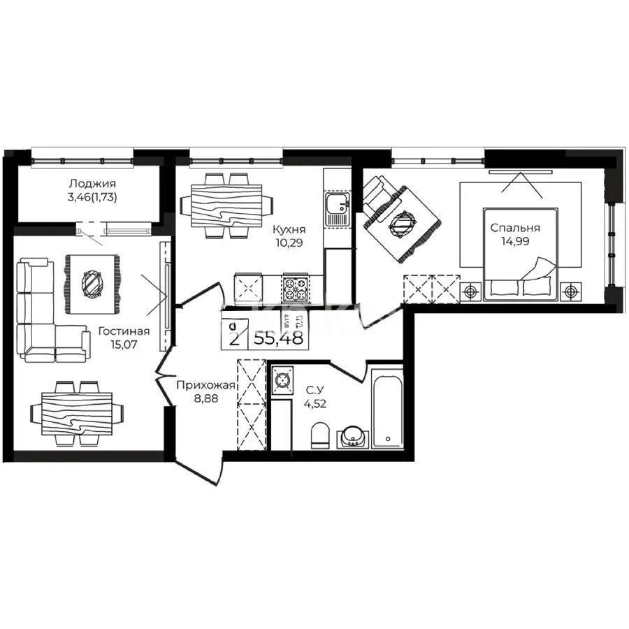 Продажа 2-комнатной квартиры, 55.48 м² в Астане