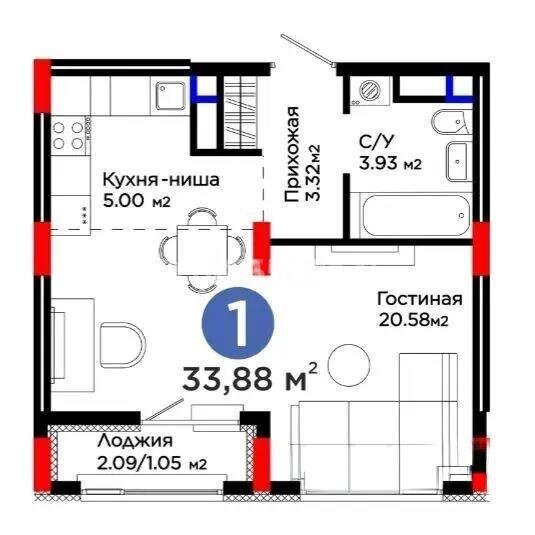 Продажа 1-комнатной квартиры, 33.88 м² в Астане