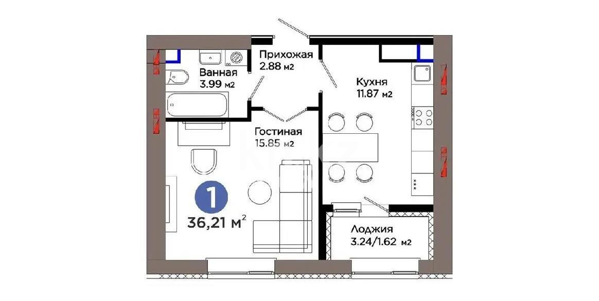 Продажа 1-комнатной квартиры, 36.21 м² в Астане