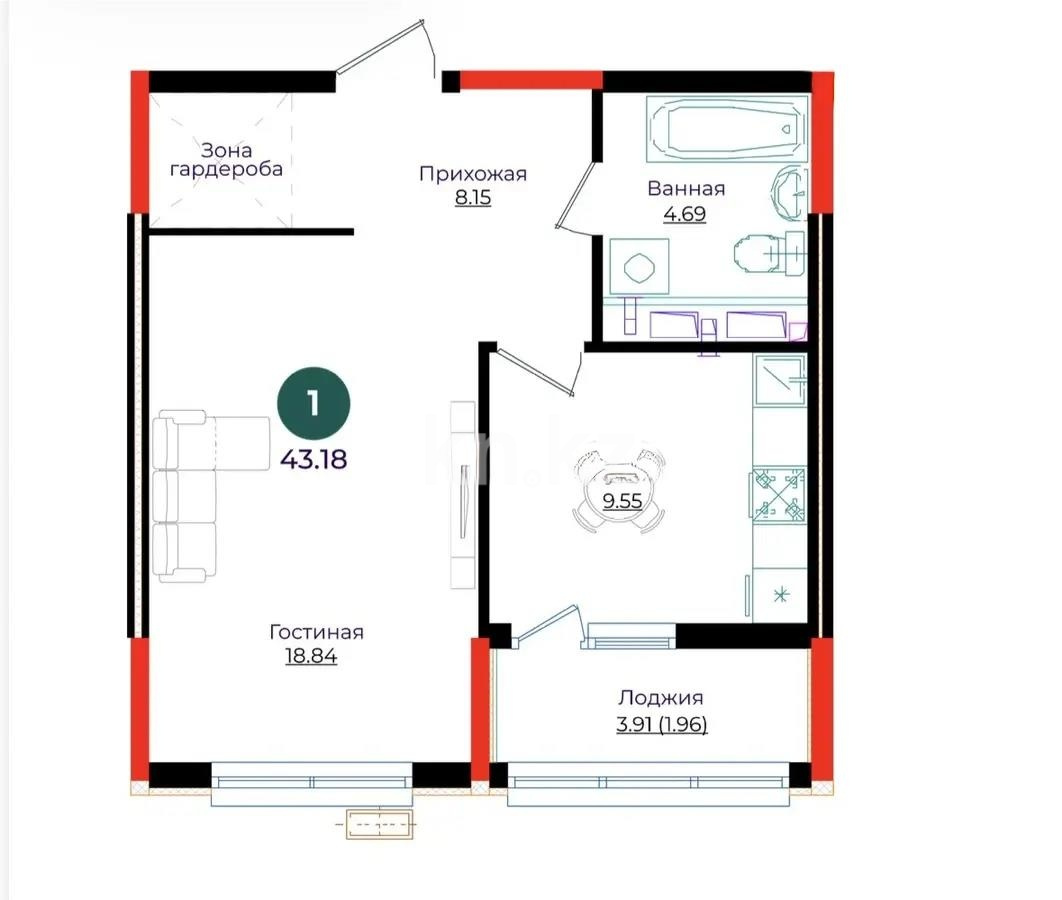 Продажа 1-комнатной квартиры, 43.18 м² в Астане