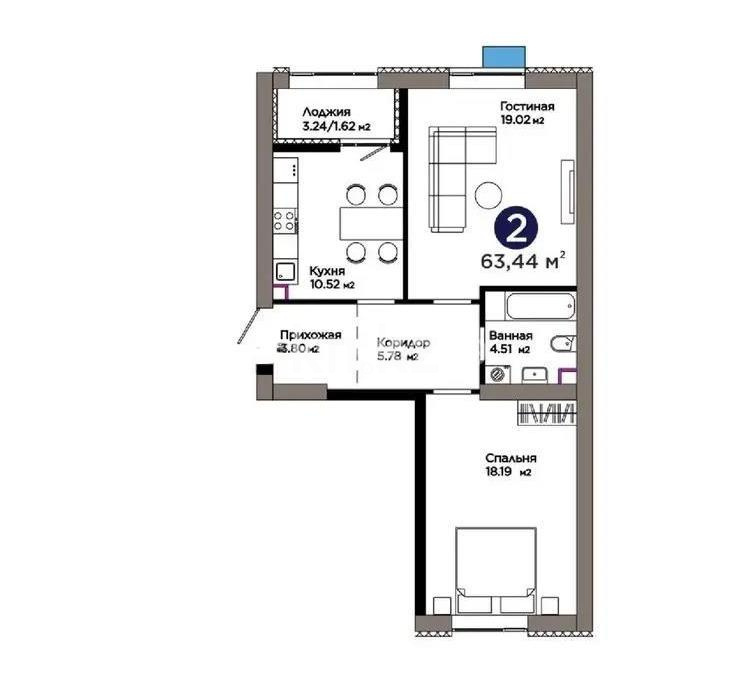 Продажа 2-комнатной квартиры, 63.44 м², ул. Хусейна бен Талала, дом  1 стр в Астане