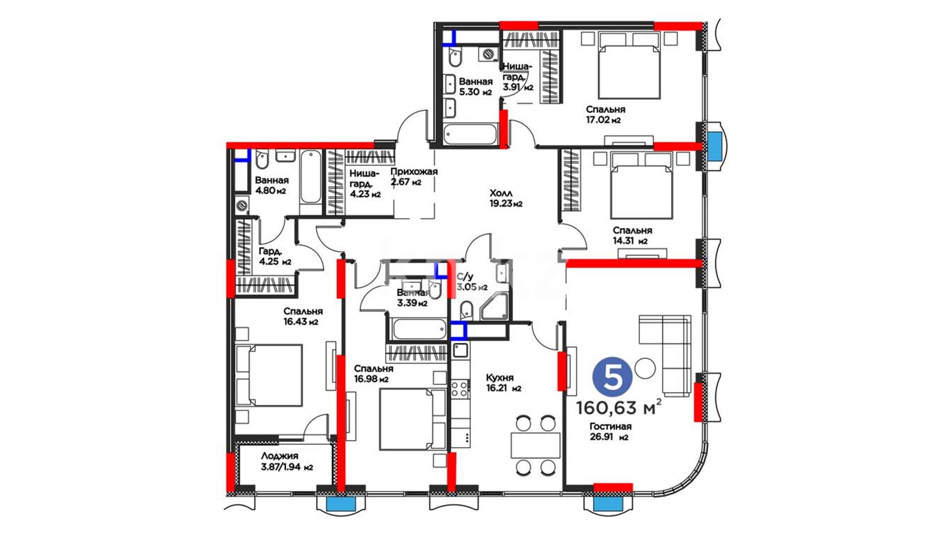 ЖК GreenLine.Prima, 5-комнатная, цена 176 914 360 ₸, 1 101 379 ₸&nbsp;/&nbsp;м²