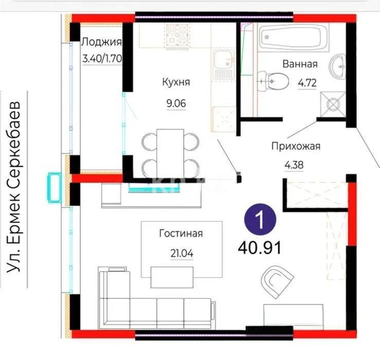 Продажа 1-комнатной квартиры, 40.91 м², ул. Е-882, дом  7 в Астане