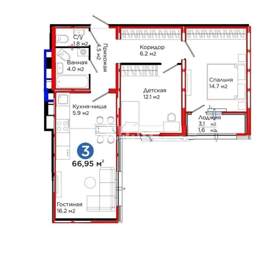 Продажа 3-комнатной квартиры, 66.95 м², ул. Е-103, дом  5а в Астане