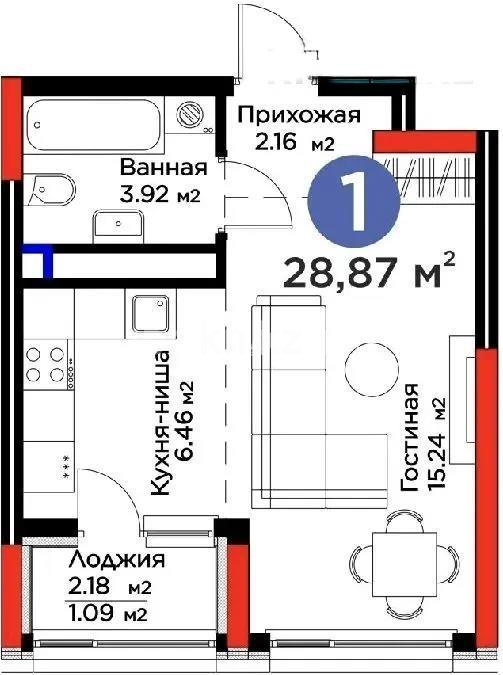 Продажа 1-комнатной квартиры, 28.87 м² в Астане - фото 3