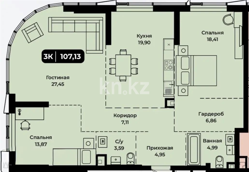 Продажа 3-комнатной квартиры, 107.13 м² в Астане