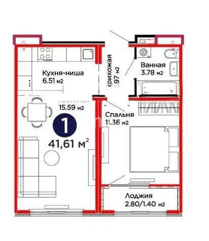 Продажа 1-комнатной квартиры, 41.61 м² в Астане