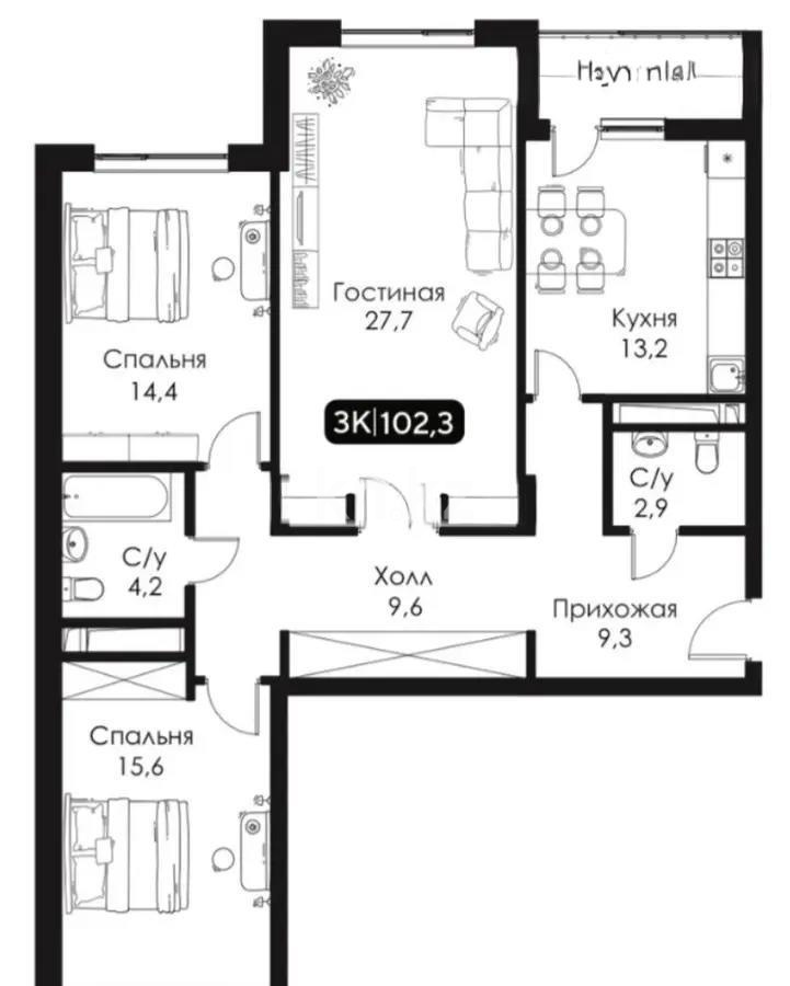 Продажа 3-комнатной квартиры, 102 м², пр. Кошкарбаева, дом  54а в Астане