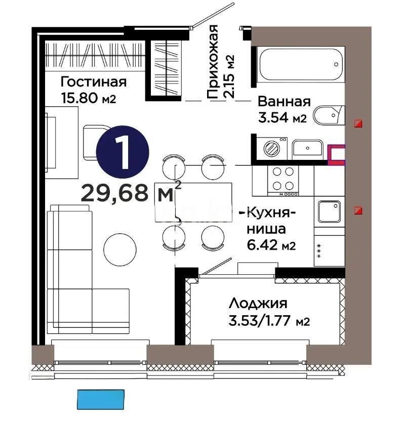 Продажа 1-комнатной квартиры, 29.68 м² в Астане