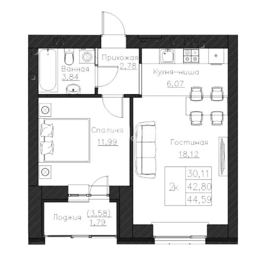 Продажа 2-комнатной квартиры, 45.8 м² в Астане