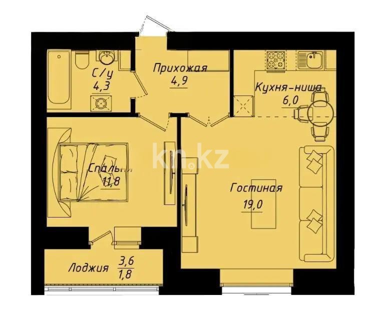 Продажа 2-комнатной квартиры, 48.6 м² в Астане