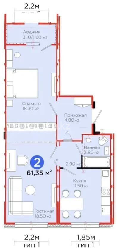 Продажа 2-комнатной квартиры, 61.35 м² в Астане - фото 2