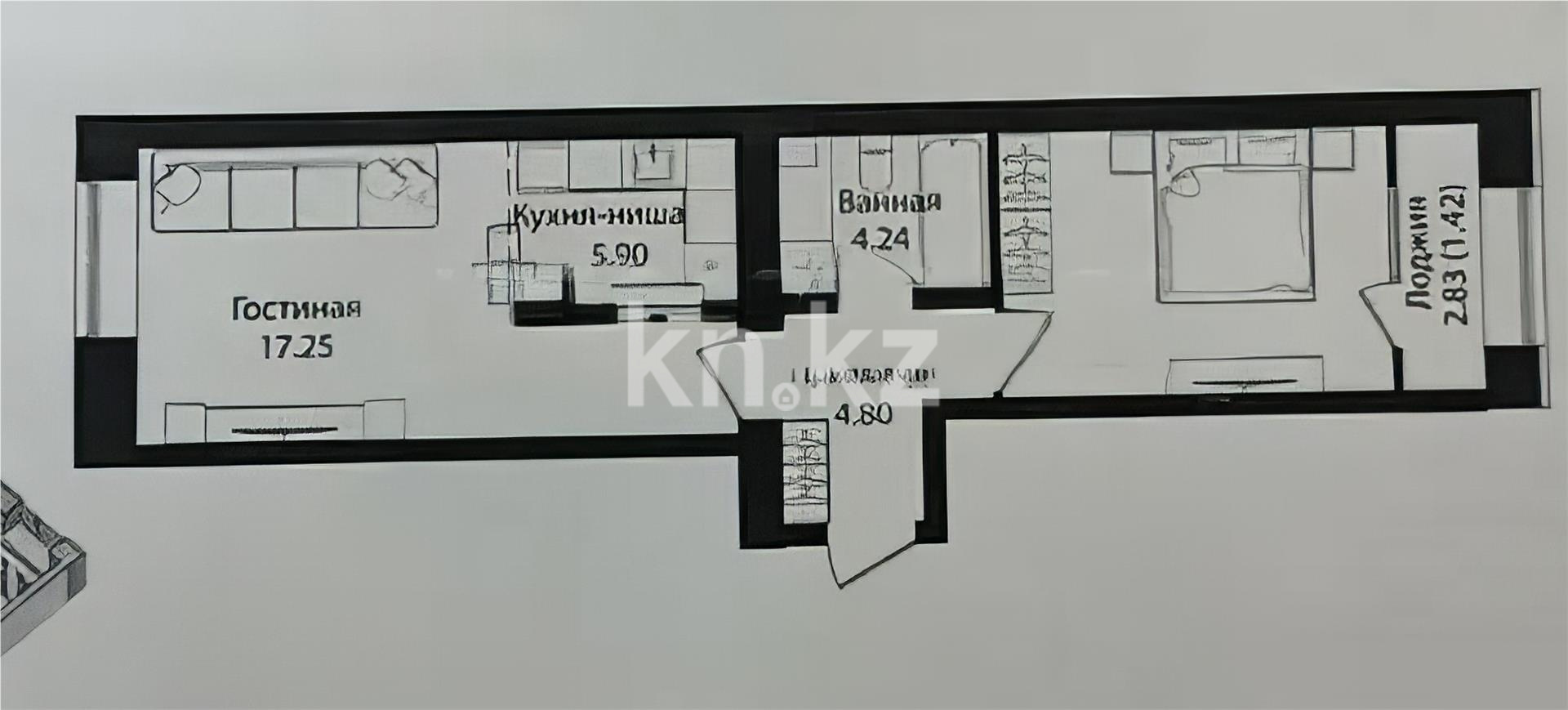Продажа 2-комнатной квартиры, 47.15 м² в Астане