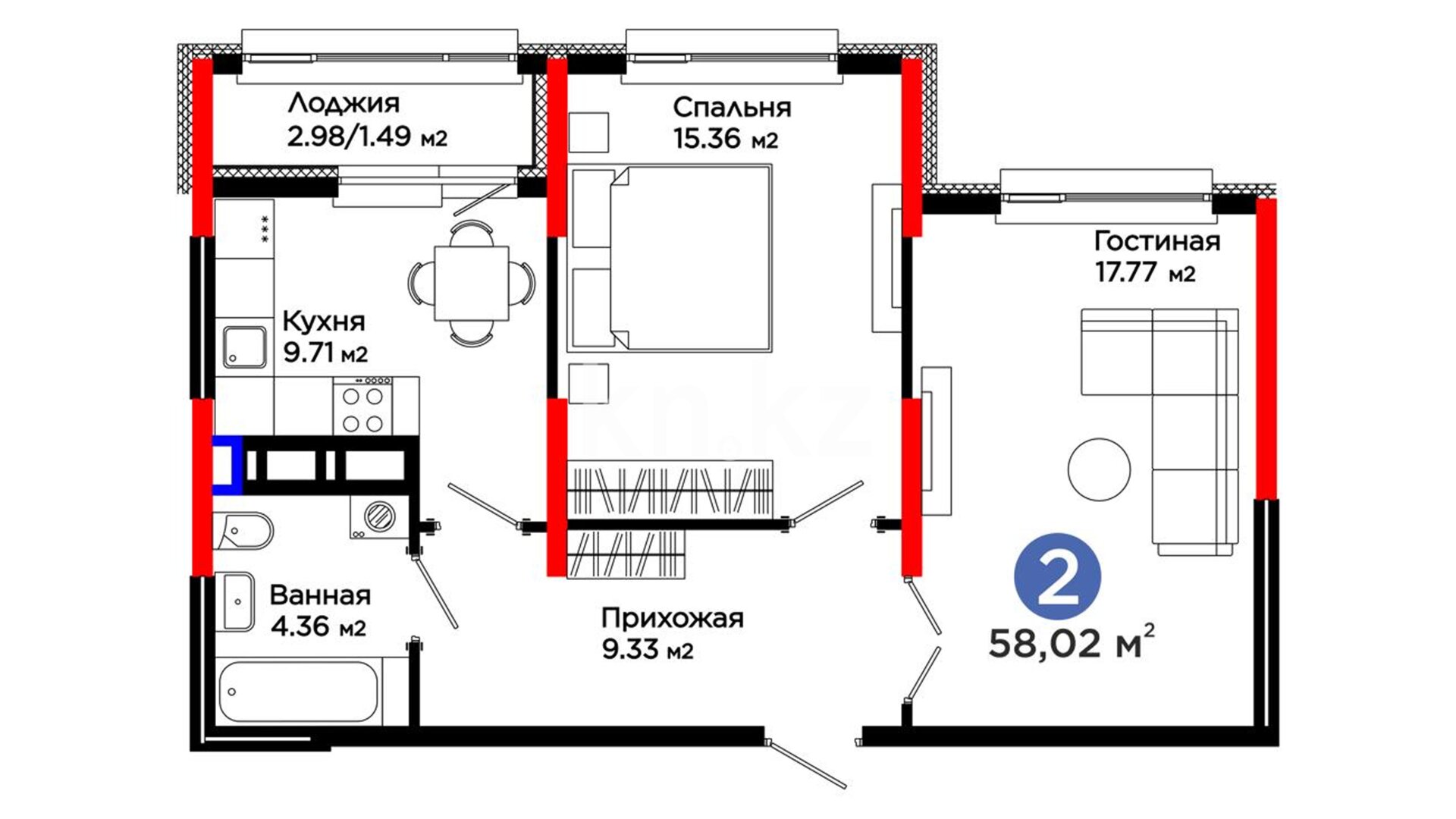 ЖК UIA. BIRLIK, 2-комнатная, цена 36 082 638 ₸, 621 900 ₸&nbsp;/&nbsp;м²